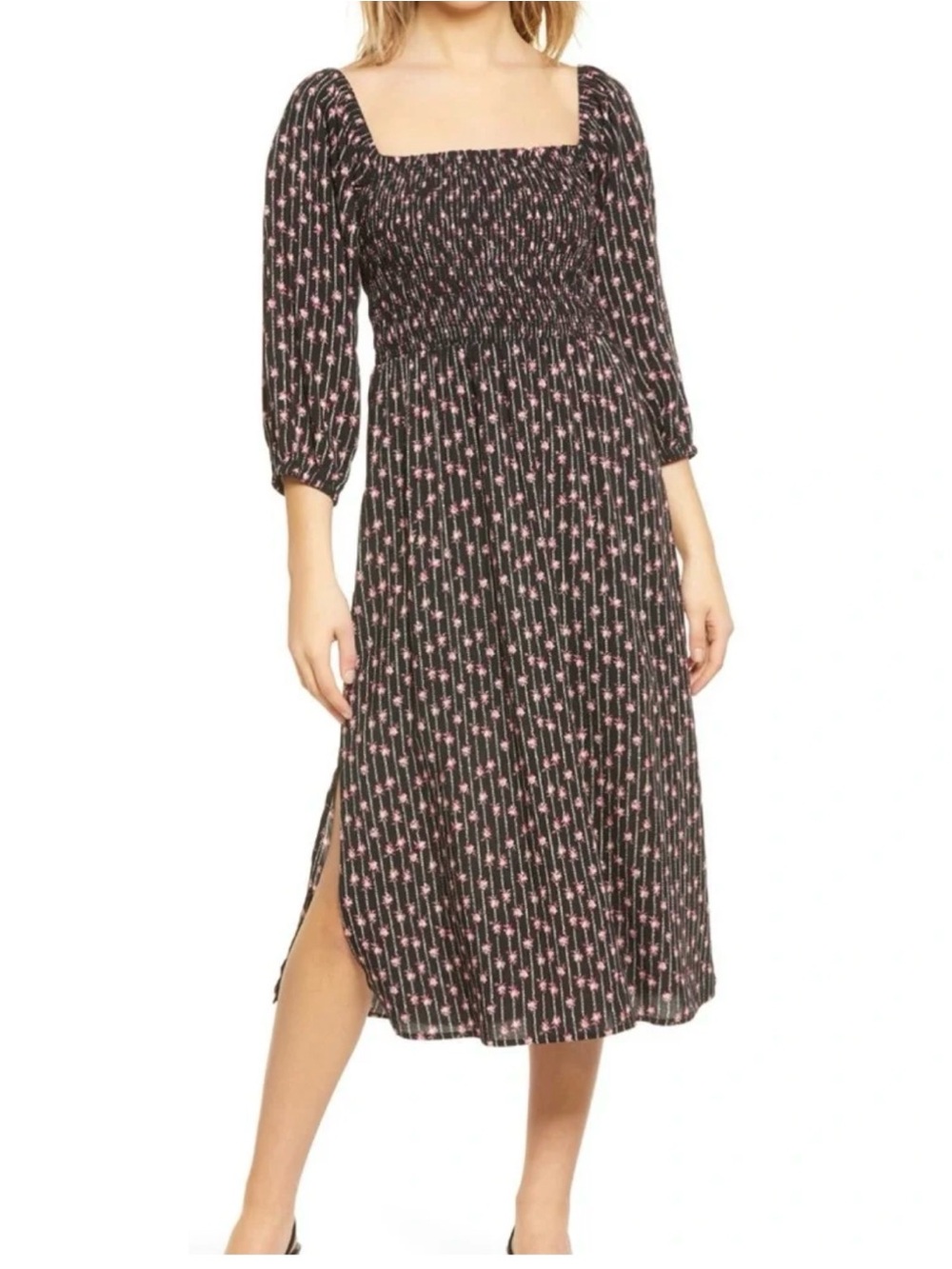 WAYF Smocked Square-Neck Midi Dress in Black with Pink Floral